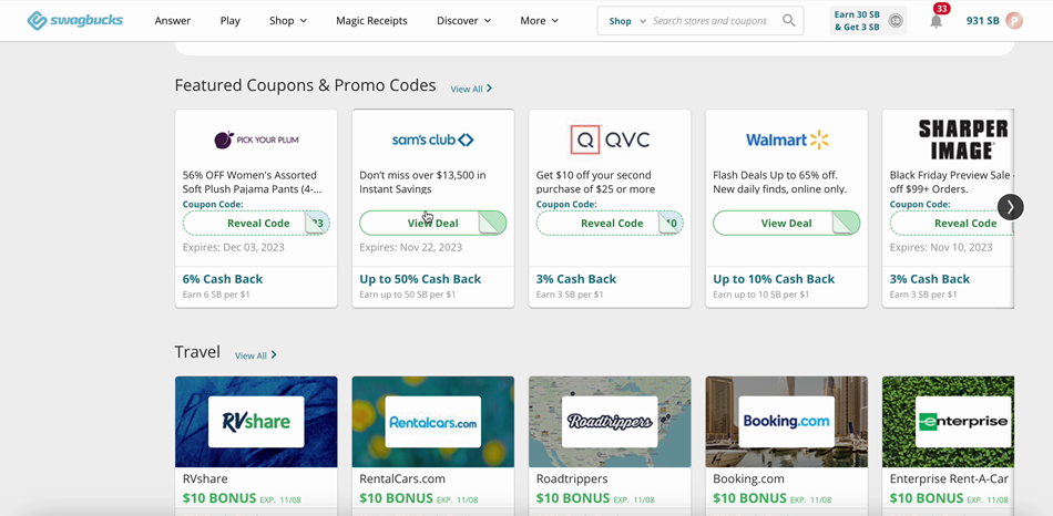 The Swagbucks featured coupon page.