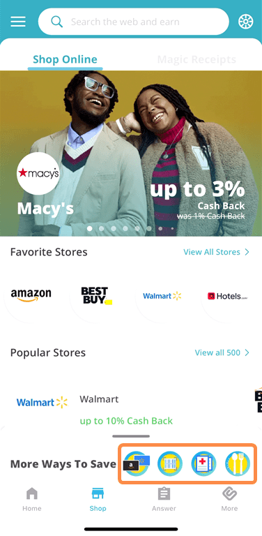 Dining deals and prescriptions in the Swagbucks Shop tab.