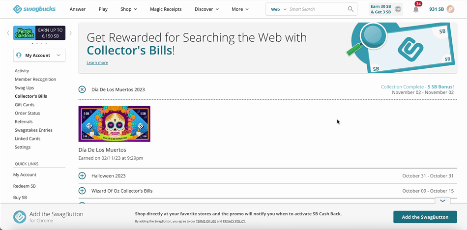 Swagbucks’ Collectors’ Bills bonuses