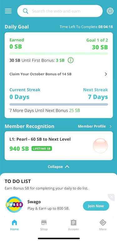 Swagbucks Daily Goal and Streak bonuses ready for collection.