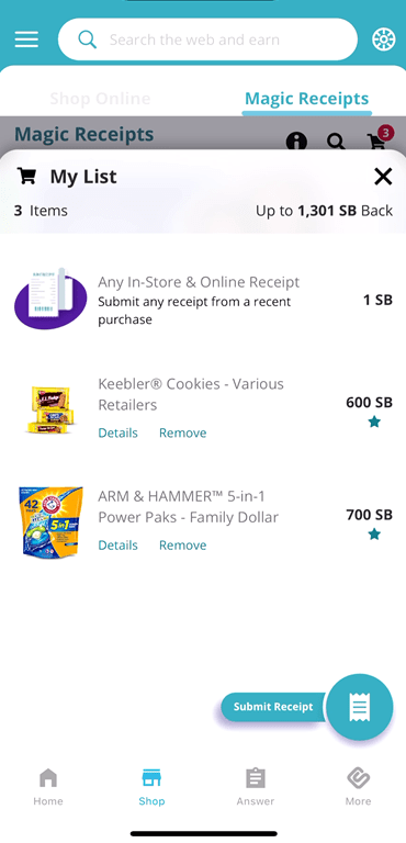 Swagbucks Magic Receipt offers in the shopping list.