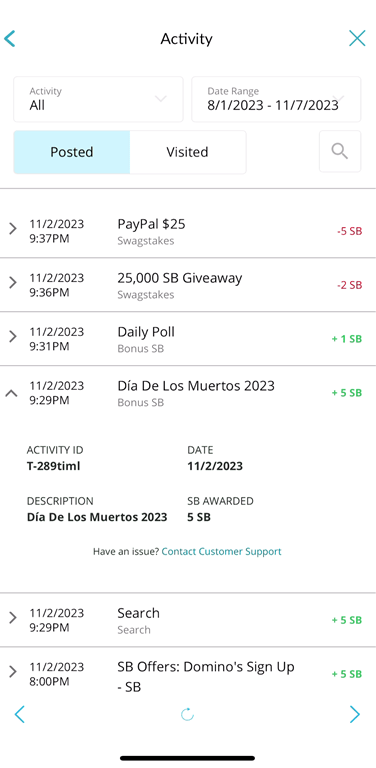 Swagbucks account history featuring a bonus.