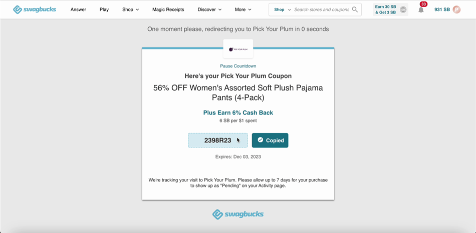 Swagbucks discount coupon for pajama pants.