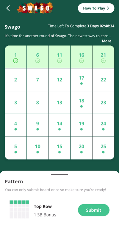 Entering the Swagbucks bingo game