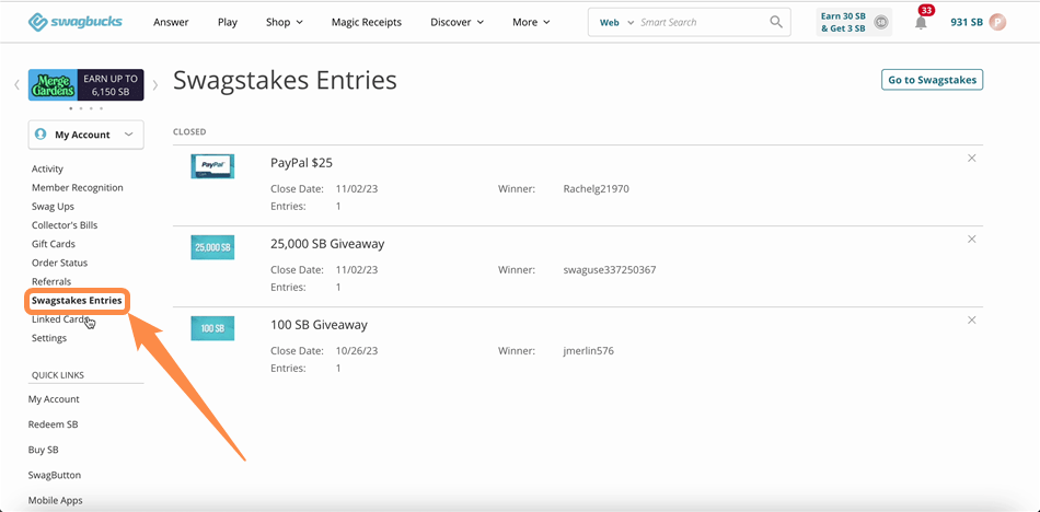 Swagstakes entries on the Swagbucks site