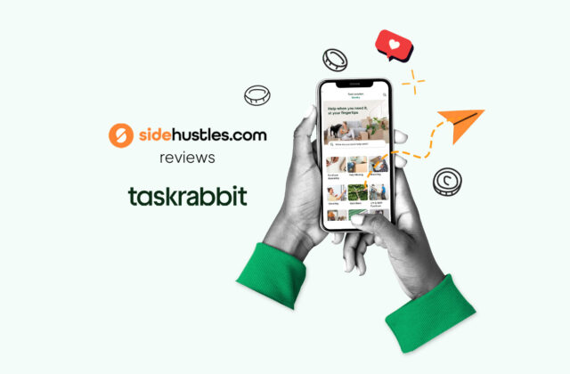 Two hands holding a smartphone displaying available jobs in the TaskRabbit app