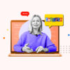 Online English teacher popping out of a laptop screen