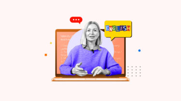 Online English teacher popping out of a laptop screen