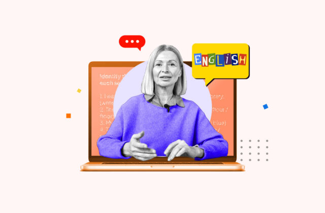 Online English teacher popping out of a laptop screen