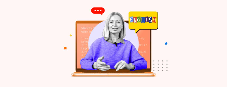 Online English teacher popping out of a laptop screen