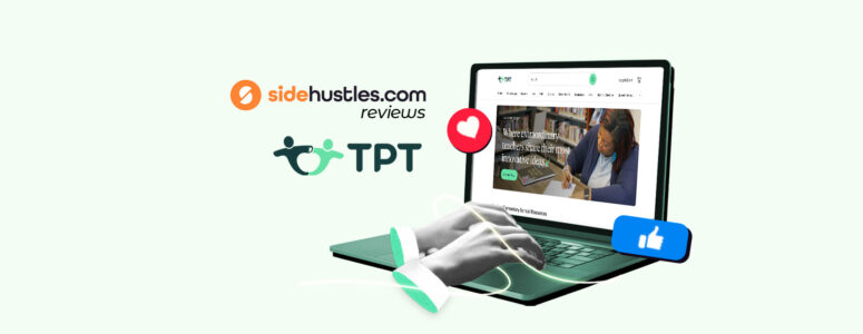 Hands of a TPT seller typing on a laptop displaying the Teachers Pay Teachers homepage