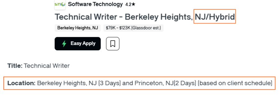 Glassdoor job post marked as hybrid in the New Jersey area while requiring employees to work in two different offices.