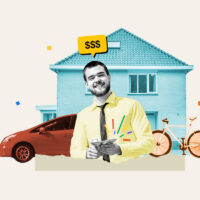 Man standing in front of his house, car, bicycle, and other things to rent out