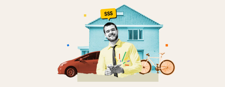 Man standing in front of his house, car, bicycle, and other things to rent out