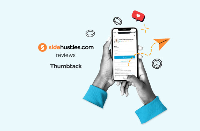 Two hands holding a smartphone displaying a professional profile in the Thumbtack app