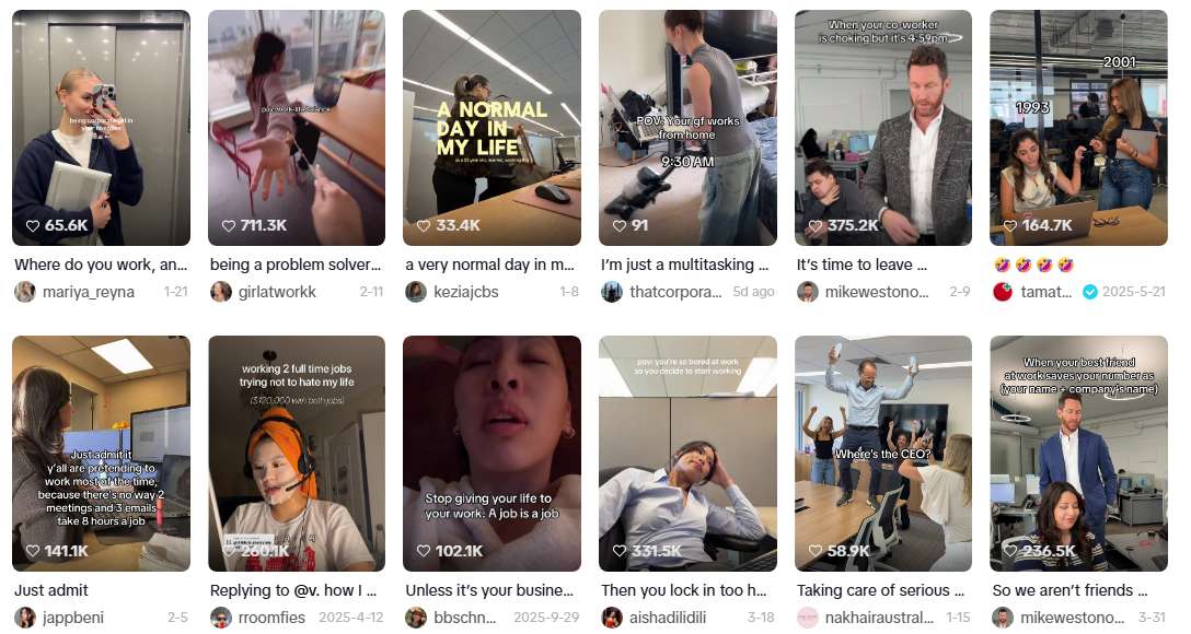 Screenshot of videos that appear when searching for work life and corporate life videos on TikTok.