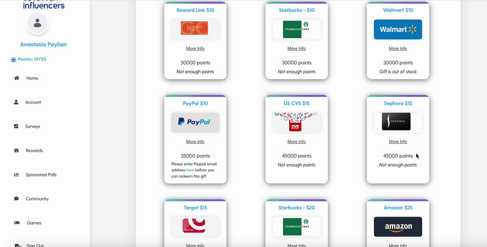 Toluna Influencers rewards options.