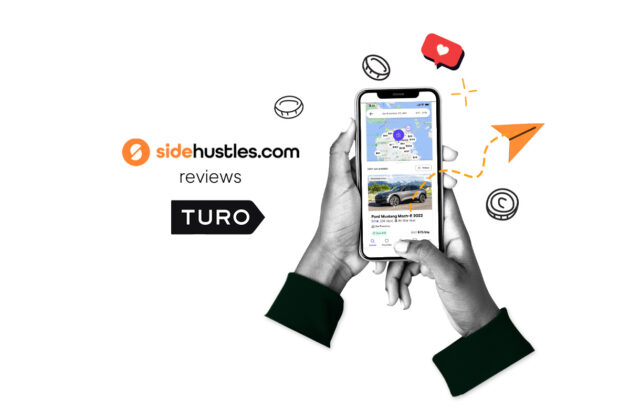 Two hands holding a smartphone displaying the interface of the Turo app