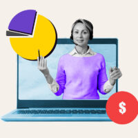 Freelance tutor popping out of a laptop screen next to a dollar symbol