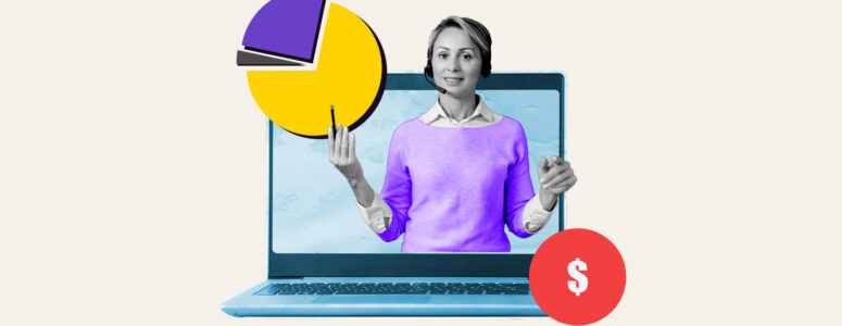 Freelance tutor popping out of a laptop screen next to a dollar symbol
