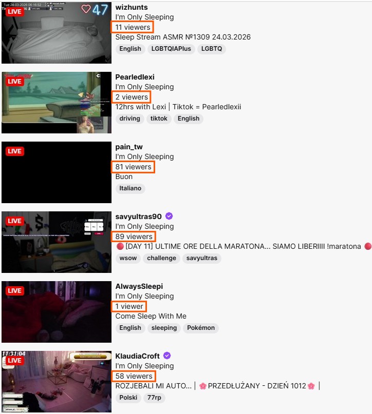 Screenshot of list of Twitch sleep streams happening live, showcasing their view counts.