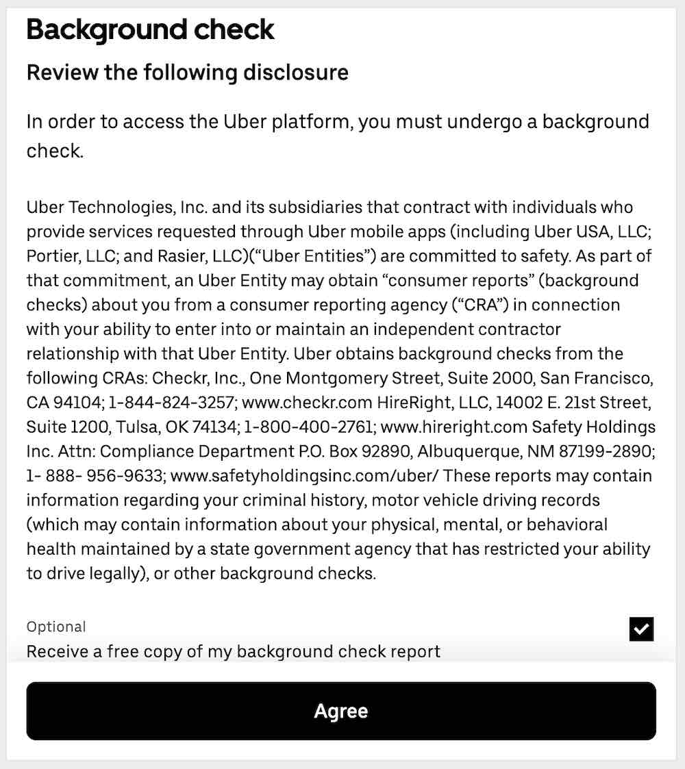 Uber signup screen asking for consent to a background check