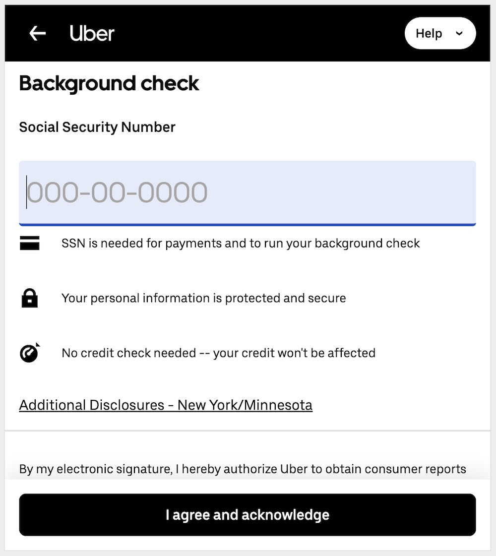Uber's background check screen asking for Social Security number