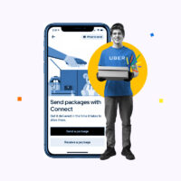 Uber Connect driver holding a package and standing in front of a smartphone showing the Uber app.