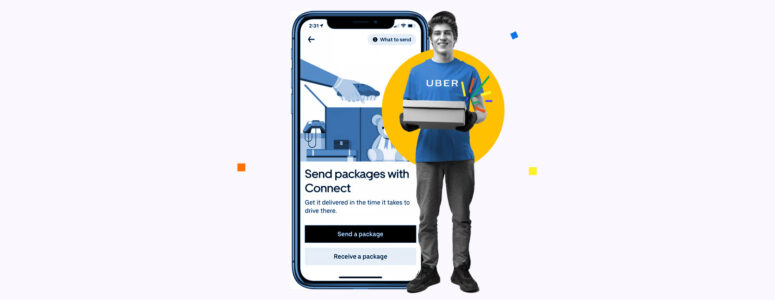 Uber Connect driver holding a package and standing in front of a smartphone showing the Uber app.