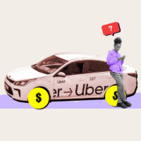 Driver leaning against a car reading about Uber's driver requirements