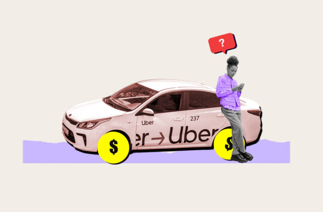 Driver leaning against a car reading about Uber's driver requirements