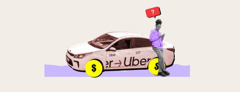 Driver leaning against a car reading about Uber's driver requirements