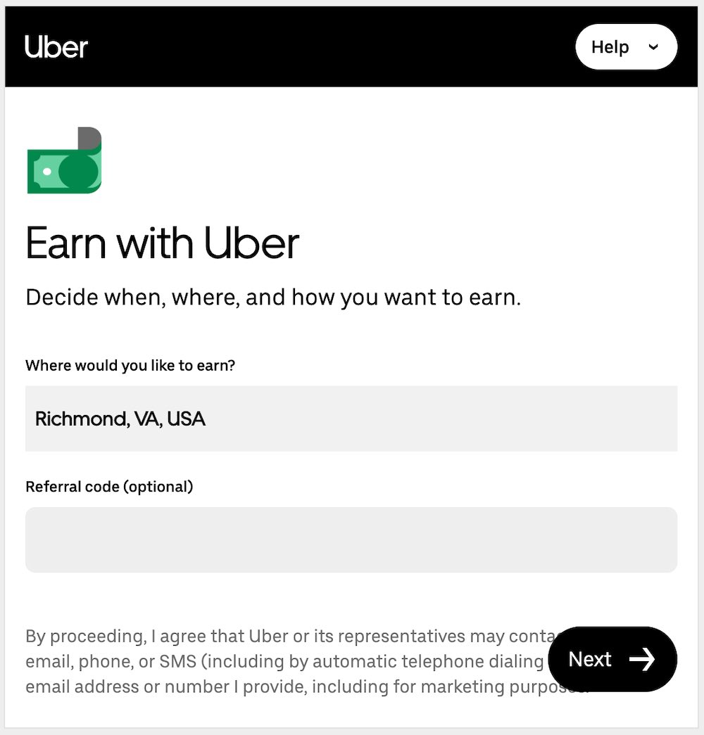 Uber's first signup screen asking what city you'll drive in