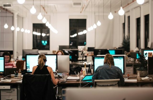 Employees working hard in an office.