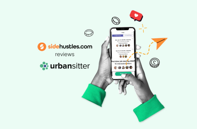 Two hands holding a smartphone displaying job opportunities in the UrbanSitter mobile app