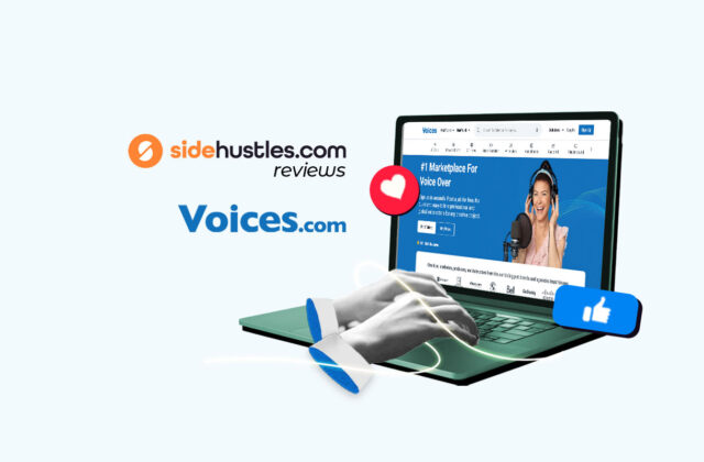 Hands of a voice actor typing on a laptop that's open to the Voices.com homepage