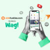 Two hands holding a smartphone displaying the app interface for Wag! workers