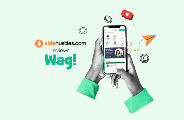 Two hands holding a smartphone displaying the app interface for Wag! workers