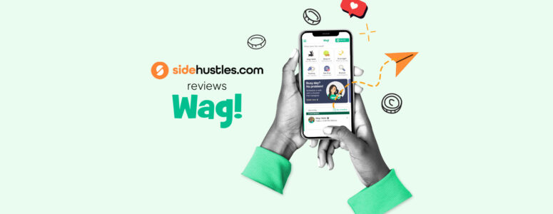 Two hands holding a smartphone displaying the app interface for Wag! workers