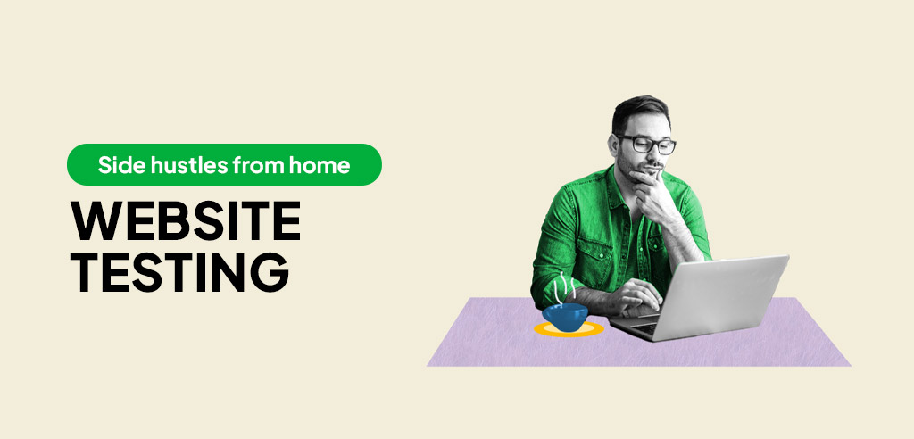 Freelance website tester contemplating something on his laptop for his side hustle