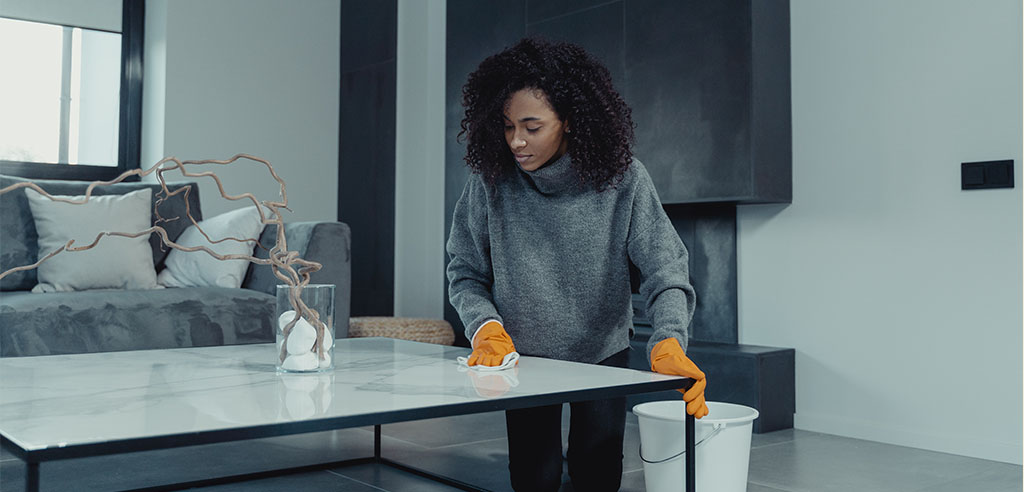 a house sitter is cleaning a table