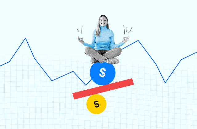 Woman meditating on a series of stacked dollar icons representing achieving financial wellness