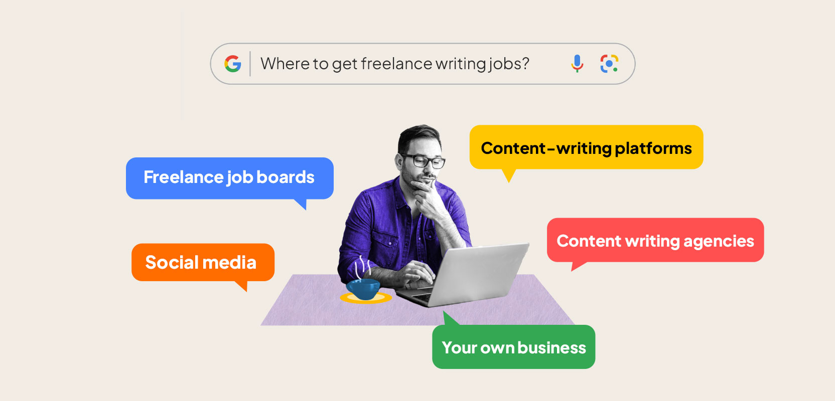 Freelance writer sitting at a laptop contemplating where to get writing jobs