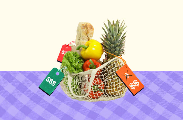 Basket of fruit with tags showing expensive prices