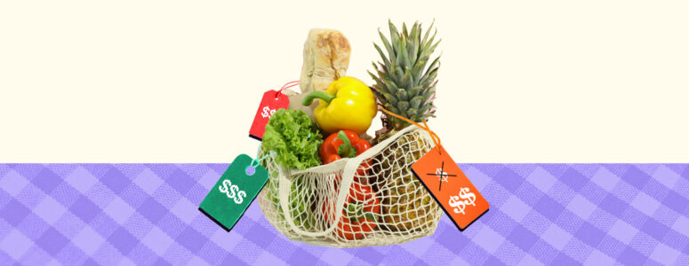 Basket of fruit with tags showing expensive prices