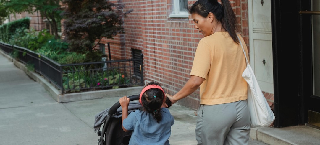 A mom running errands with her kid.