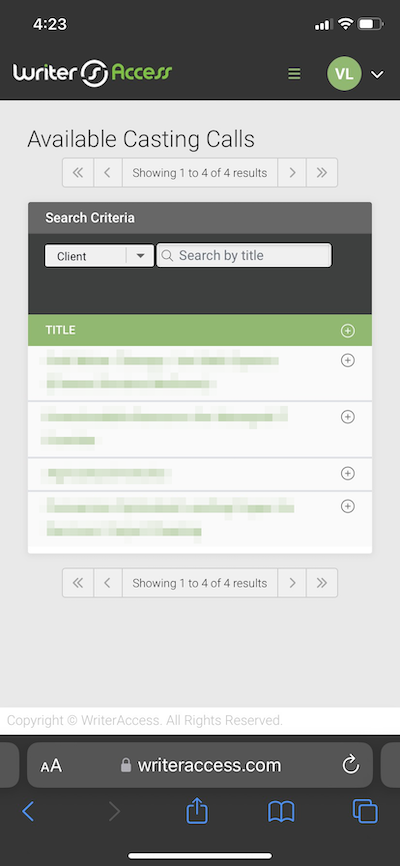 WriterAccess's casting calls screen, showing four open jobs.