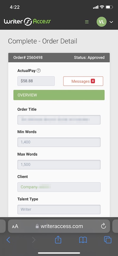 The "complete order" screen on WriterAccess.