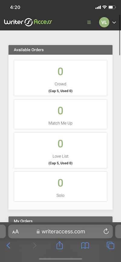 WriterAccess's current order screen.