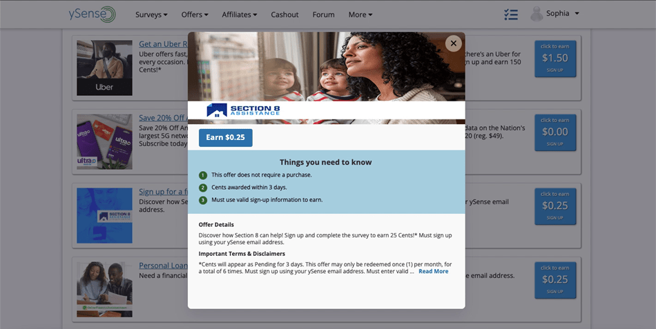 Viewing a ySense offer for Section B assistance.